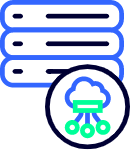 Server stack icon with a circle containing a cloud connecting to three circles, labelled ‘Guideline API.